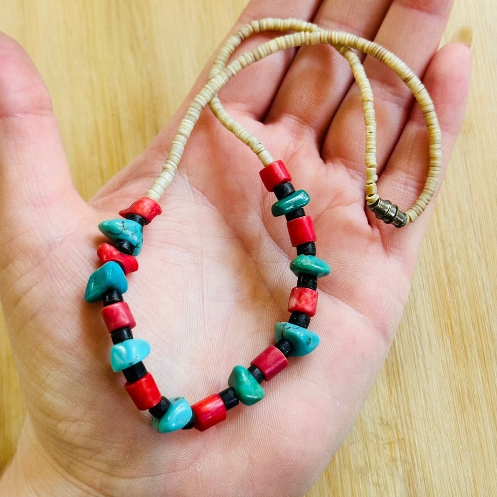 VTG Native American Necklace Coral Turquoise Heishi Beaded Genuine Choker 16"